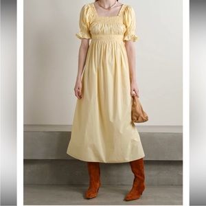 Doen Eclipse Pale Yellow Smocked Bodice Puff Sleeve Midi Dress